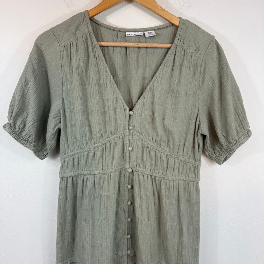 Lucky Brand Tiered Maxi Dress M Sage Green Cotton Boho Prairie Cottagecore - Picture 3 of 12